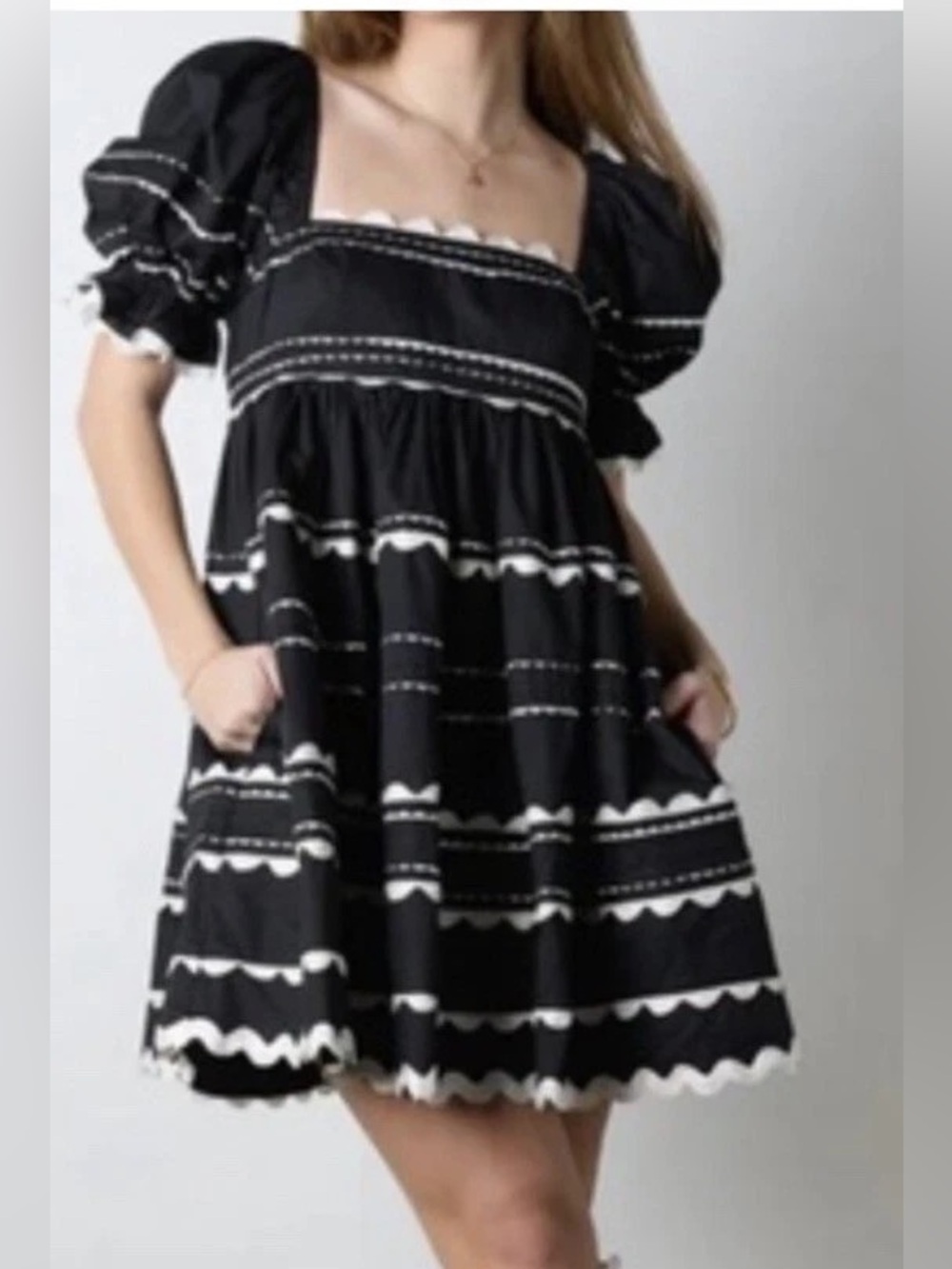 “Sophie the label” Black Puff-Sleeve ric rac Mini Dress